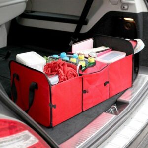 Red car caddy in trunk of car.