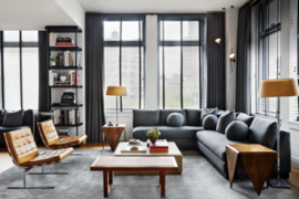 Modern living room with black and brown accents.