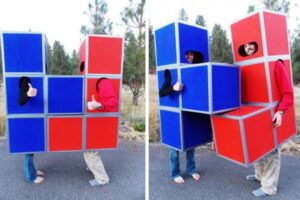 Couple dressed up as Tetris pieces.