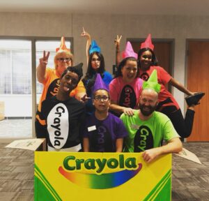 Group dressed up as Crayola crayons.