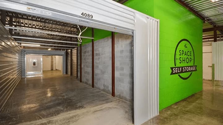 Large, empty storage unit at Space Shop Self Storage.