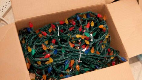 Putting up holiday decorations